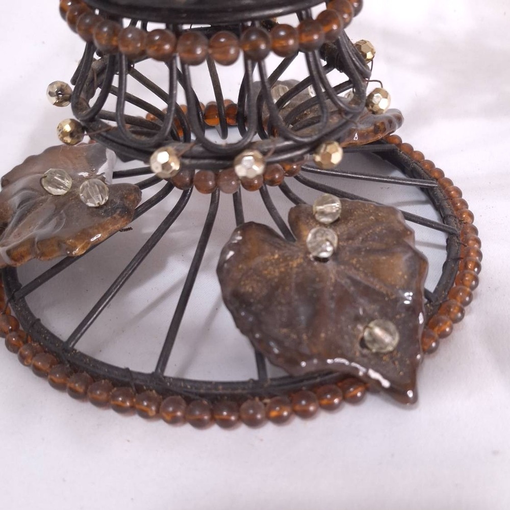 Vtg Metal Wire‎ Beaded Basket w/ Ceramic Leaves Rustic Deco Centerpiece 12.5"w - Picture 4 of 12